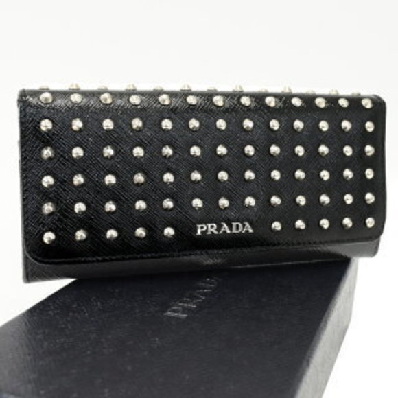 Prada Saffiano Vernice BO Bifold Wallet Black Leather Studs - Picture 1 of 8